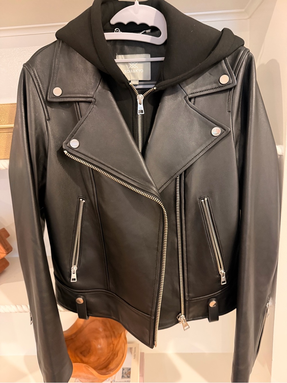 Soia & Kyo Black Asymmetric Leather Moto Jacket with Hooded Insert